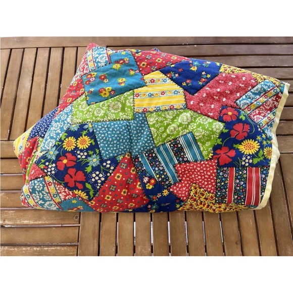 Cheater Floral Crazy Patchwork Full Quilt Comforter Bedspread Vintage 70s 80s - Picture 6 of 6